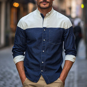 Men's Cotton And Linen Contrast Stitching Basic Long-Sleeved Shirt
