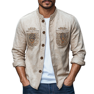Men's Spring Fashion Retro Western Style Pocket Embroidery Suede Long Sleeve Shirt