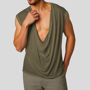 Men's Casual V Neck Cotton Draped Pleated Loose Tank Top