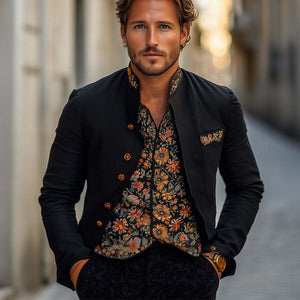 Men's Spring And Autumn Black Vintage Embroidered Stand Collar Jacket