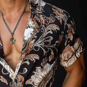 Men's Tropical Floral Print Lapel Short Sleeve Shirt