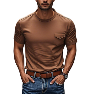 Men's Casual Cotton Round Neck Chest Pocket Slim Fit Short Sleeve T-Shirt