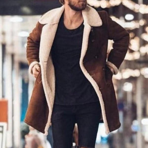 Men's Vintage Suede Polar Fleece Warm Notch Lapel Double Breasted Coat