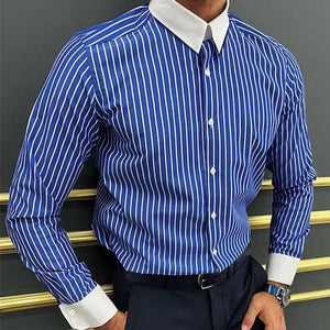 Men's Striped Colorblock Lapel Long Sleeve Casual Shirt