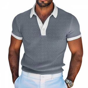 Men's Casual Contrast Lapel Slim Fit Knitted Short Sleeve Sweater T-Shirt