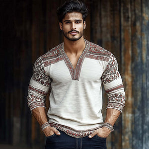 Men's Retro Colorblock Printed Wrinkled V-Neck Long Sleeve T-Shirt