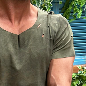 Men's Vintage Cotton Hole Round Neck Short Sleeve T-Shirt