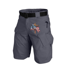 Taktische Cargo-Shorts mit USA-Flagge, mehrere Taschen, 27,9 cm Innennaht, ohne Gürtelschnalle