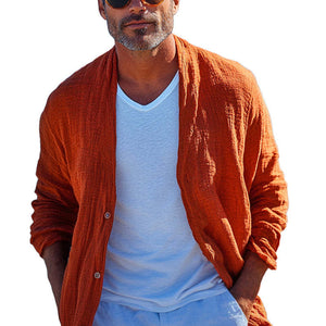 Men's Casual Skin-Friendly Orange Cotton And Linen Long-Sleeved Shirt