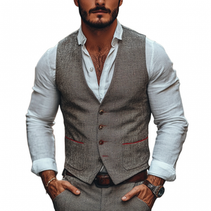 Men's Casual Linen V-neck Single Breasted Patch Pocket Slim Suit Vest