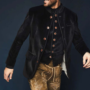 Schwarze, einreihige Slim-Fit-Jacke aus Samt mit Stehkragen für Herren