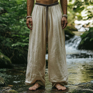 Men's Straight Loose Cotton And Linen Vintage Belt Casual Pants