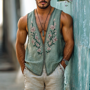 Men's Casual Linen Flower Embroidered V-Neck Ribbon Slim Fit Tank Top