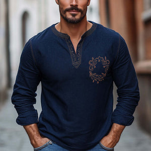 Men's Navy Blue Cotton And Linen Vintage Embroidery V-Neck Long Sleeve T-Shirt