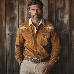 Men's Vintage Khaki Western Cowboy Suede Embroidered Long Sleeve Shirt