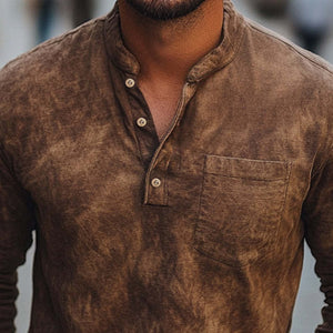 Braunes Tie-Dye-T-Shirt aus Baumwolle mit langen Ärmeln und Button-Down-Kragen für Herren