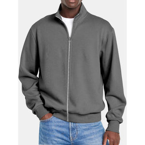 Einfarbige Sweatshirtjacke für Herren mit Reißverschluss und Stehkragen und langen Ärmeln