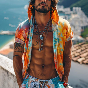 Herren-Kapuzenpullover mit Batik-Print und kurzen Ärmeln und Reißverschluss