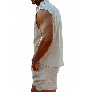 Men's Summer Cool Skin-Friendly Casual Cotton And Linen Sleeveless Set