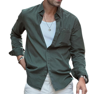 Men's Retro Casual Washed Workwear Lapel Pocket Long Sleeve Shirt