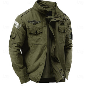Herren-Cargojacke aus Baumwolle, Mantel, Seitentaschen, Reißverschluss vorne, reguläre Passform, Stehkragen