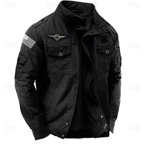 Herren-Cargojacke aus Baumwolle, Mantel, Seitentaschen, Reißverschluss vorne, reguläre Passform, Stehkragen