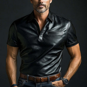 Herren-T-Shirt aus schlichtem schwarzem Leder mit kurzen Ärmeln