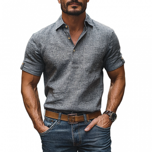 Men's Casual Linen Lapel Patch Pocket Pullover Short Sleeve Shirt