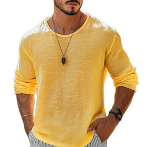 Men's Casual Cotton Linen Round Neck Loose Long Sleeve T-Shirt
