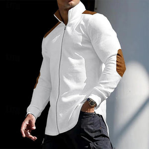 Men's Color Block Waffle Zipper Stand Collar Long Sleeve Shirt