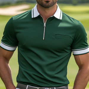Herrenmode Lässiges Golf-POLO-Shirt mit Reißverschluss in Kontrastfarbe und kurzen Ärmeln
