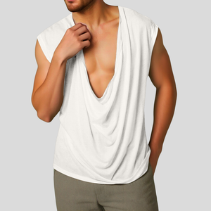 Men's Casual V Neck Cotton Draped Pleated Loose Tank Top