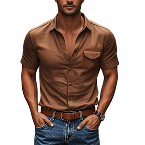 Men's Casual Cotton Lapel Chest Pocket Single Breasted Slim Fit Short Sleeve Shirt