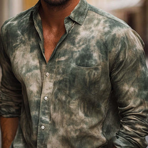 Men's Dark Green Mottled Print Casual Long Sleeve Shirt