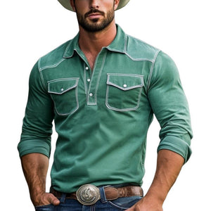 Men's Fashion Suede Western Style Slim Fit Long Sleeve Polo Shirt