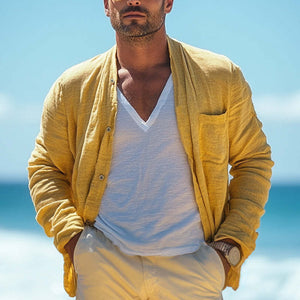 Lässiges Langarmhemd aus Baumwolle und Leinen für Herren in leuchtendem Gelb