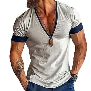 Men's Casual Cotton Blended Colorblock V Neck Short Sleeve T-Shirt