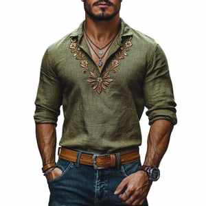 Men's Casual Linen Lapel Floral Embroidery Slim Fit Long Sleeve Shirt