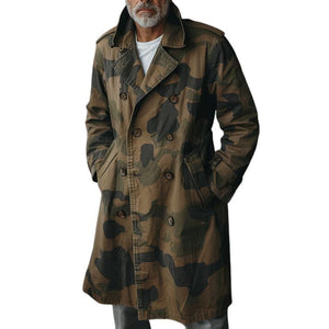 Herren-Cargo-Trenchcoat mit Camouflage-Revers, zweireihig, mittellang
