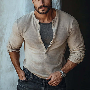 Men's Waffle Button Crew Neck Pullover Long Sleeve T-Shirt