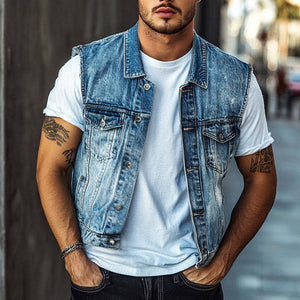 Herren-Reversweste aus gewaschenem Denim im Vintage-Stil in Blau