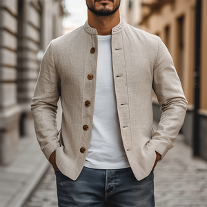 Herren Frühling Retro Klassische Spitze Stehkragen Dünne Baumwolle Und Leinen Jacke
