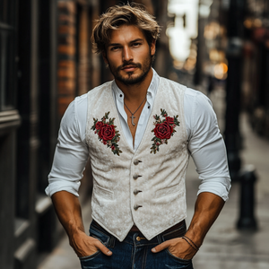 Men's Classic Casual American Retro Velvet Rose Embroidered Vest