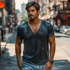 Men's Spring And Summer Fashion Leisure Silk Cotton Deep V Neck T-shirt