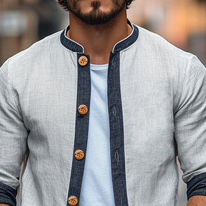 Men's Spring Fashion Classic Retro Cotton And Linen Splicing Long Sleeve Shirt