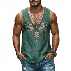 Men's Casual Deep V Neck Linen Flower Embroidered Slim Fit Tank Top