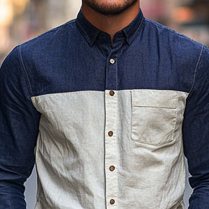 Herren Basic Langarmhemd aus Baumwolle und Leinen mit Kontrastnähten
