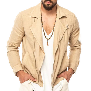 Men's Vintage Apricot Cotton And Linen Notched Lapel Jacket