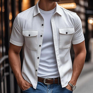 Men's Casual Comfort Cotton Lapel Chest Pocket Loose Short Sleeve Shirt