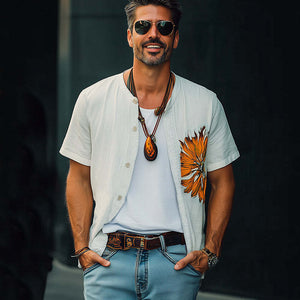 Men's Summer Casual Cotton Embroidered Short Sleeve Shirt